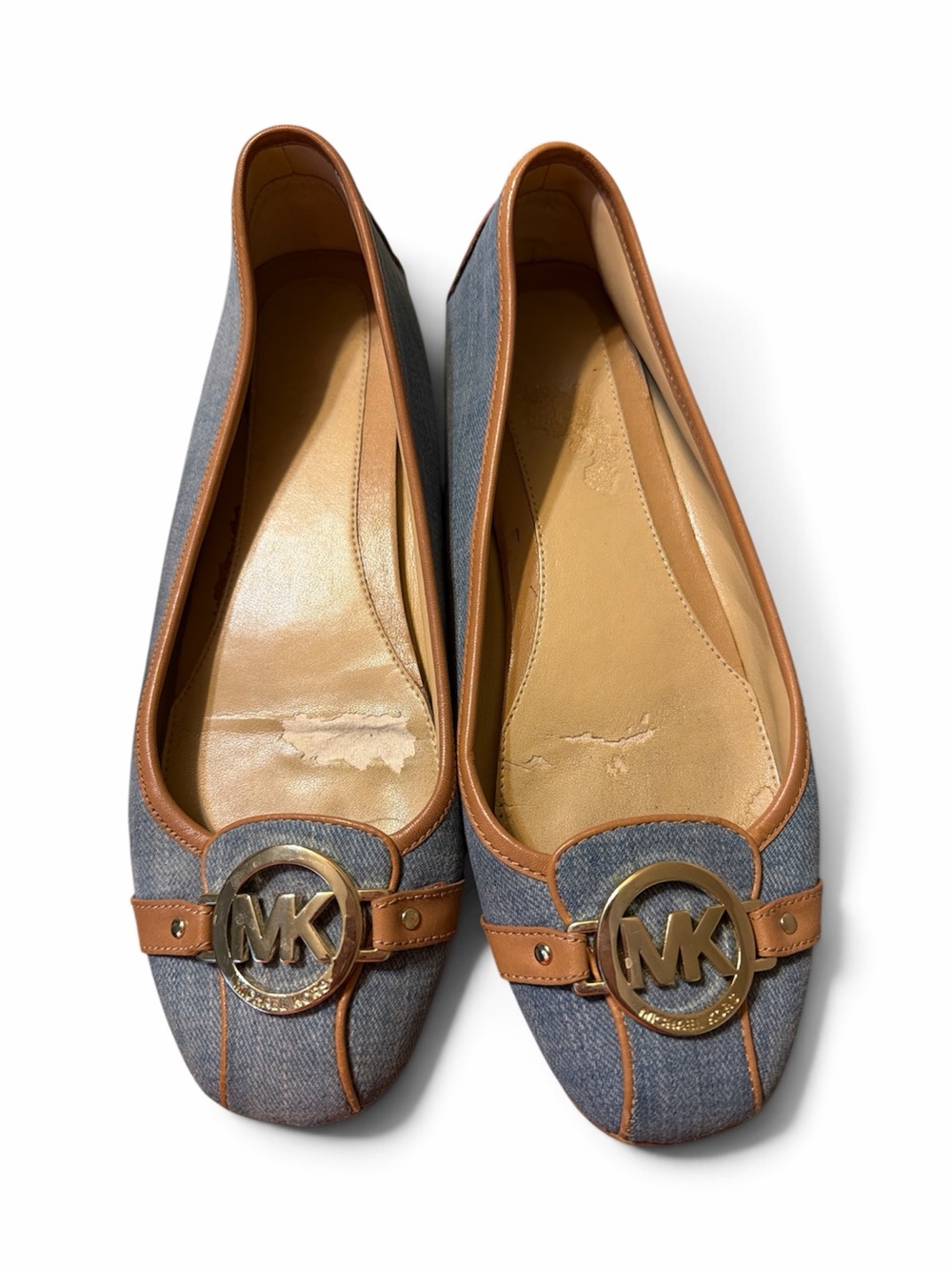 MICHAEL Michael Kors Denim and Tan Leather MK Logo Ballet Flats